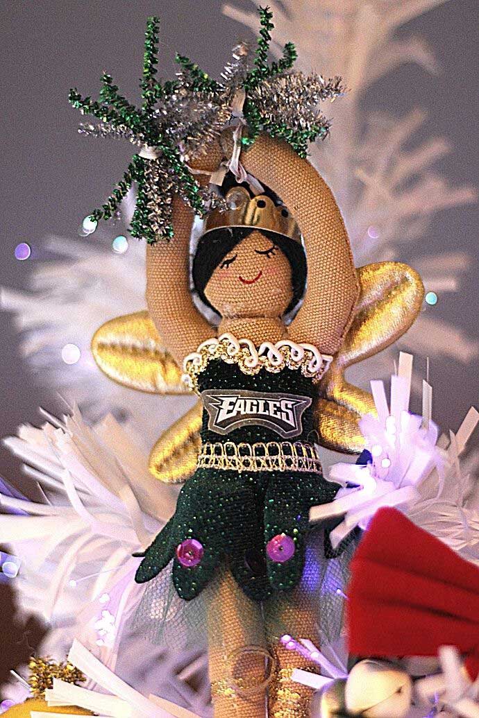 Philadelphia Eagles Cheerleader Christmas Ornament - Angel ornament with pompoms on a White Tree