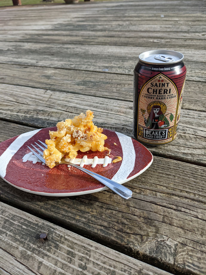 Blake's Hard Cider Saint Cherie Cherry Sider Paired with Homemade Mac N Cheese Bites on a Football Plate