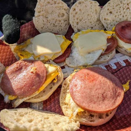 Breakfast Sandwich Meal Prep Guide - Tray of Breakfast Sandwiches at a Tailgating Party