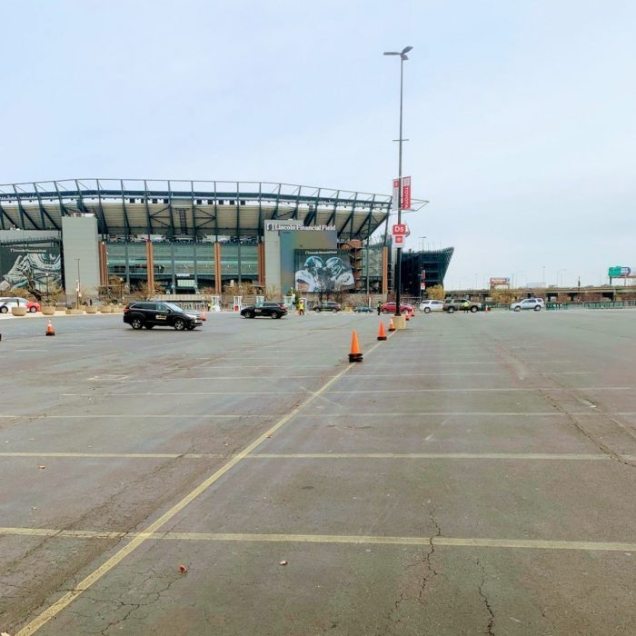 Tailgating setup starts with securing parking spaces together! Great view of Lincoln Financial Field