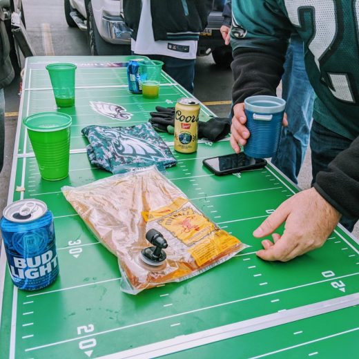 Philadelphia Eagles Tailgate Table with Beer and Fireball and Cups